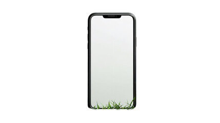 Smartphone mockup with grass blades at base, black frame, screen display, Isolated, White background, Cutout.