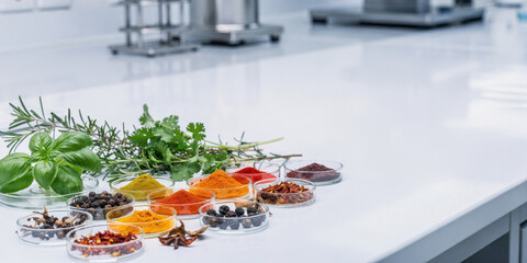 Vibrant assortment of spice and herb undergo clinical analysis for nutrition research in modern food science laboratory. white background emphasizes quality test
