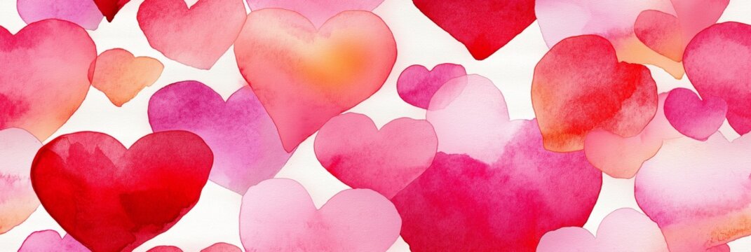 Seamless watercolor heart pattern for Valentine's Day love. Watercolor hearts creating a seamless pattern in shades of pink and red on a white background - Powered by Adobe