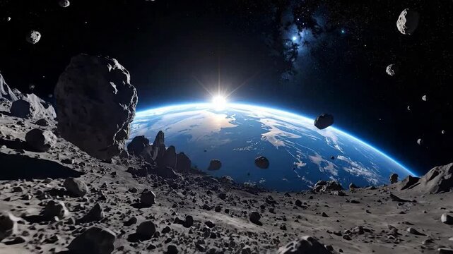 A view from a rocky moon surface overlooking a bright, sunlit planet in the distance.