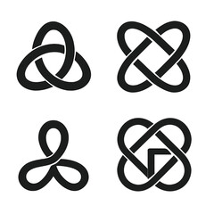 Minimalist geometric knot designs with dark background in various configurations