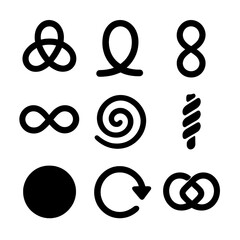 Black abstract symbols on a gray background: infinity, spiral, and circle patterns