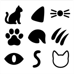 Cat elements set: icon collection featuring paws, ears, whiskers, and tails