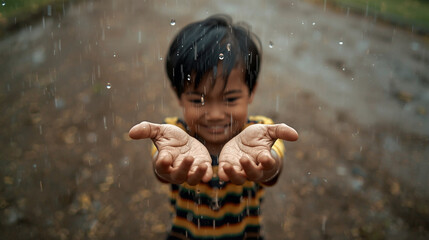 boy with hands open in the rain