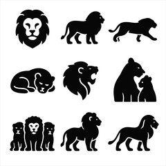 Silhouette icons of lions and lionesses in various poses on gradient background