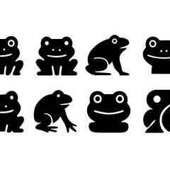 Minimalistic silhouette illustrations of frogs on dark background