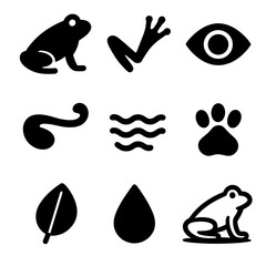 Minimalist black nature icons: frog, leaf, eye, water, and more
