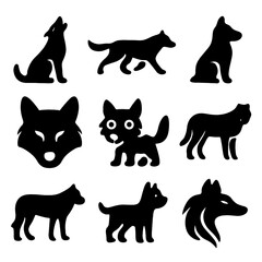 Nine silhouettes of dogs and wolves with a playful cartoon addition