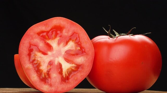 Dolly movement across half and whole red tomatoes on black background. Fresh ingredients.