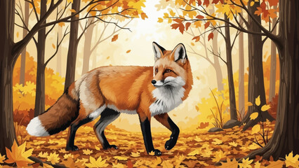 Autumn Fox in Forest: An orange fox, with its thick fur and alert posture, traverses an autumnal forest floor strewn with fallen leaves, creating a vivid tableau of fall.
