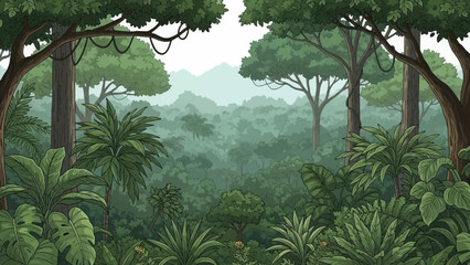 Emerald Canopy: A dense, verdant jungle scene teems with life, with lush trees reaching towards the sky and a breathtaking mountain range fading in the distance. 