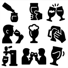 Black silhouette icons of beer glasses and toasting in various scenes
