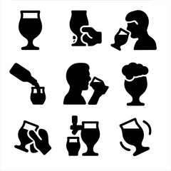 Beer tasting icons: glasses, pours, and cheers silhouettes in set
