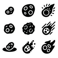 Black space icons collection of asteroids and meteors on dark background