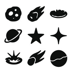 Minimalist space icons set featuring meteor, planet, star, and galaxy elements