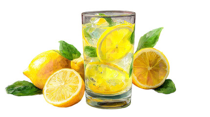 Lemon beverage with ice cubes and green mint leaves, refreshing yellow drink with citrus fruit, studio shot, isolated