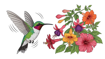 Hummingbird and Blossoms: A hummingbird approaches a vibrant array of blossoms, showcasing nature's delicate beauty.