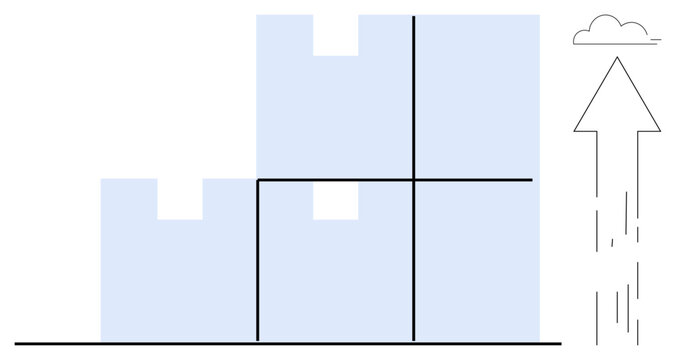 Growth, development, business strategy, progress, goal achievement, success visualization. Stacked blocks with an upward arrow and cloud. Growth and business strategy concept