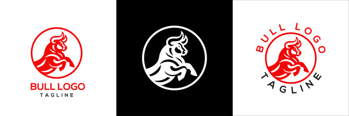 Modern Red and White Bull Logo Design Template Set with Circular Emblem and Editable Text for Business Branding