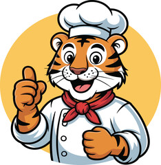 Obraz premium Friendly tiger chef pointing with chef hat and red scarf