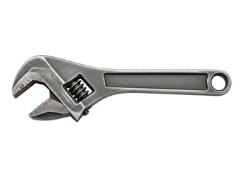Obraz premium adjustable crescent wrench of dark matte steel with deep wear, rust patina, and micro-shadows, hyper-detailed macro shot isolated on transparent background, concept of engineering heritage