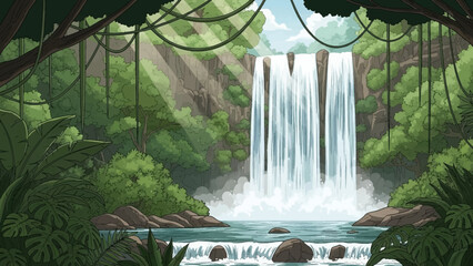 Serene Waterfall Amidst Lush Greenery: A majestic waterfall cascades powerfully into a tranquil pool surrounded by dense, vibrant rainforest. Sunlight filters through the canopy.