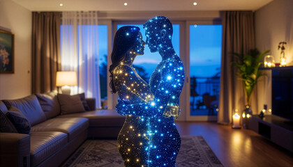 Romantic couple silhouette filled with stars and galaxy hugging in a modern living room, soulmate connection concept