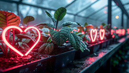 Close-up of neon glowing heart signs and tropical plants with water drops in a greenhouse, Valentine's Day concept