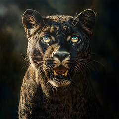 Hyper-detailed panther portrait with stark shadow contrast the feline&rsquo;s dark fur is outlined by cool metallic highlights. Its glowing eyes cut through the darkness with a ghostly reflection, while fai