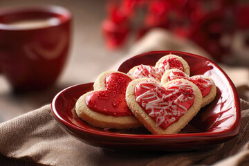Heart-shaped cookies decorated with red icing and sprinkles are arranged on a red plate, accompanied by a warm beverage, creating a cozy atmosphere for celebrations