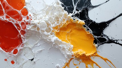 A vibrant abstract composition of splattered paint in orange, yellow, white, and black hues, creating a dynamic texture