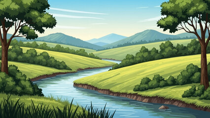 Serene River Landscape: A breathtaking panorama of a tranquil river meandering through rolling green hills, under a vast, cloud-streaked sky, evoking a sense of calm and natural beauty.
