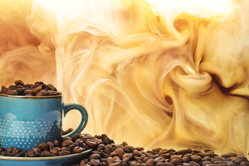 Cup and roasted beans against milk swirls in beverage
