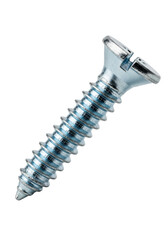 macro photograph of a single, shiny galvanized steel countersunk slotted screw showing deep helical threading, isolated on a transparent background with soft shadows, engineering precision concept