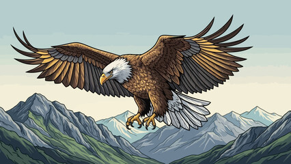 Majestic Eagle Soaring Over Mountains: A powerful bald eagle gracefully soars above a breathtaking mountain range, embodying freedom and strength against a backdrop of serene skies.