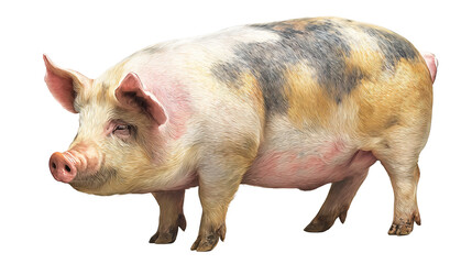 Isolated pink swine image, depicting a tan Sus scrofa domesticus on white backdrop.