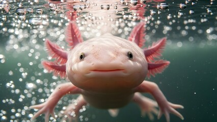 Close-up of adorable axolotl swimming in clear water with bubbles