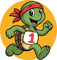 Obraz premium A cartoon turtle wearing a red headband and running with a big smile