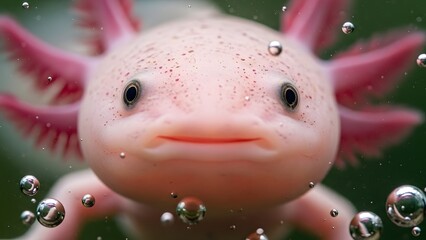 Smiling pink axolotl with bubbles in water closeup