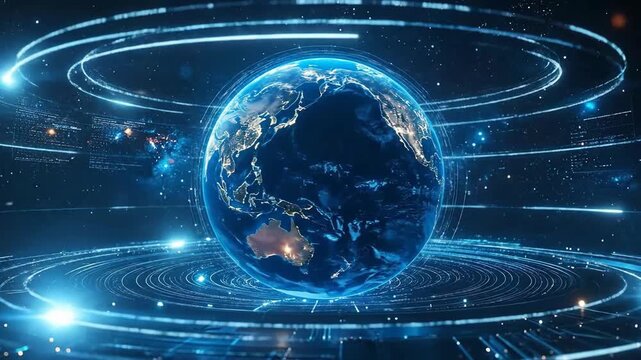 Global network communication represented by a glowing Earth model and data streams.