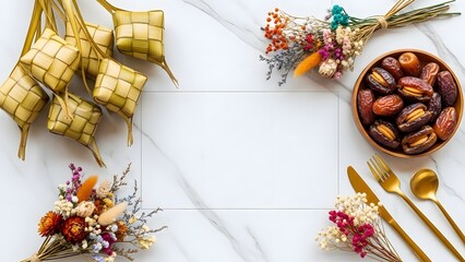 Elegant table setting with traditional Malaysian ketupat and dates