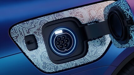 Close-up of an electric vehicle charging port with an illuminated digital circuit pattern, symbolizing advanced sustainable technology and eco-friendly mobility