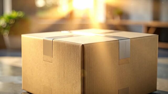 A sealed cardboard box sits on a polished surface with sunlight streaming in.