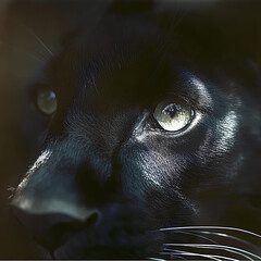 A hyperrealistic close-up of a panther&rsquo;s face nearly vanishing into a pure black background. Only its silver-edged fur and piercing white reflections in the eyes are visible. Every whisker and contour