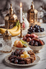 Elegant table setting featuring assorted dried fruits, fresh bananas, and decorative lanterns, creating a warm ambiance for festive gatherings and celebrations