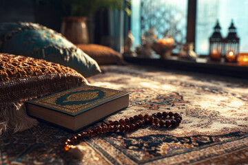 Open book with intricate cover design placed on a richly patterned rug, surrounded by decorative cushions and soft lighting, creating a serene and inviting atmosphere