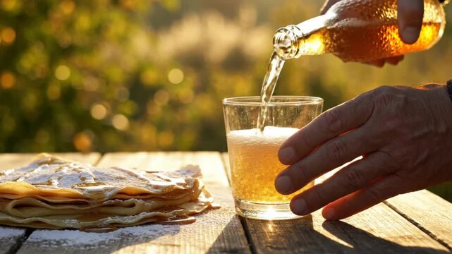 Pouring Cider into Glass Near Crepes on Wooden Table with Bokeh Background, Autumn Sunlight, Outdoor Lifestyle Scene