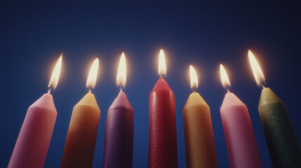 wax. Colorful tapered candles drip wax onto a dark blue surface, glowing softly in warm light. event programs, museum guides, designed for cultural heritage projects and event programs.