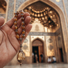 Hand holding a beautiful prayer bead necklace with intricate design in front of an ornate architectural background, showcasing cultural significance and craftsmanship
