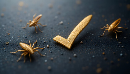 A golden checkmark surrounded by small insects on a dark surface